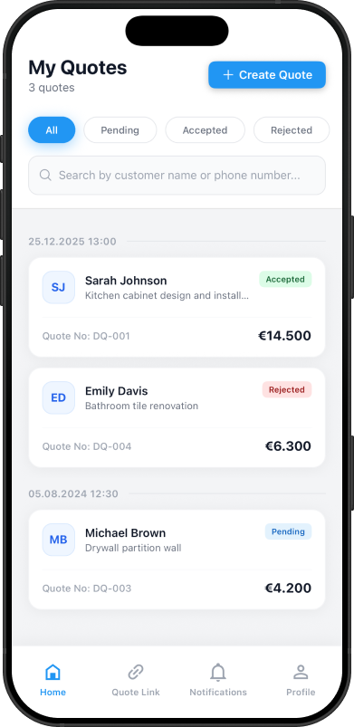 Textile360 app — home and quotes