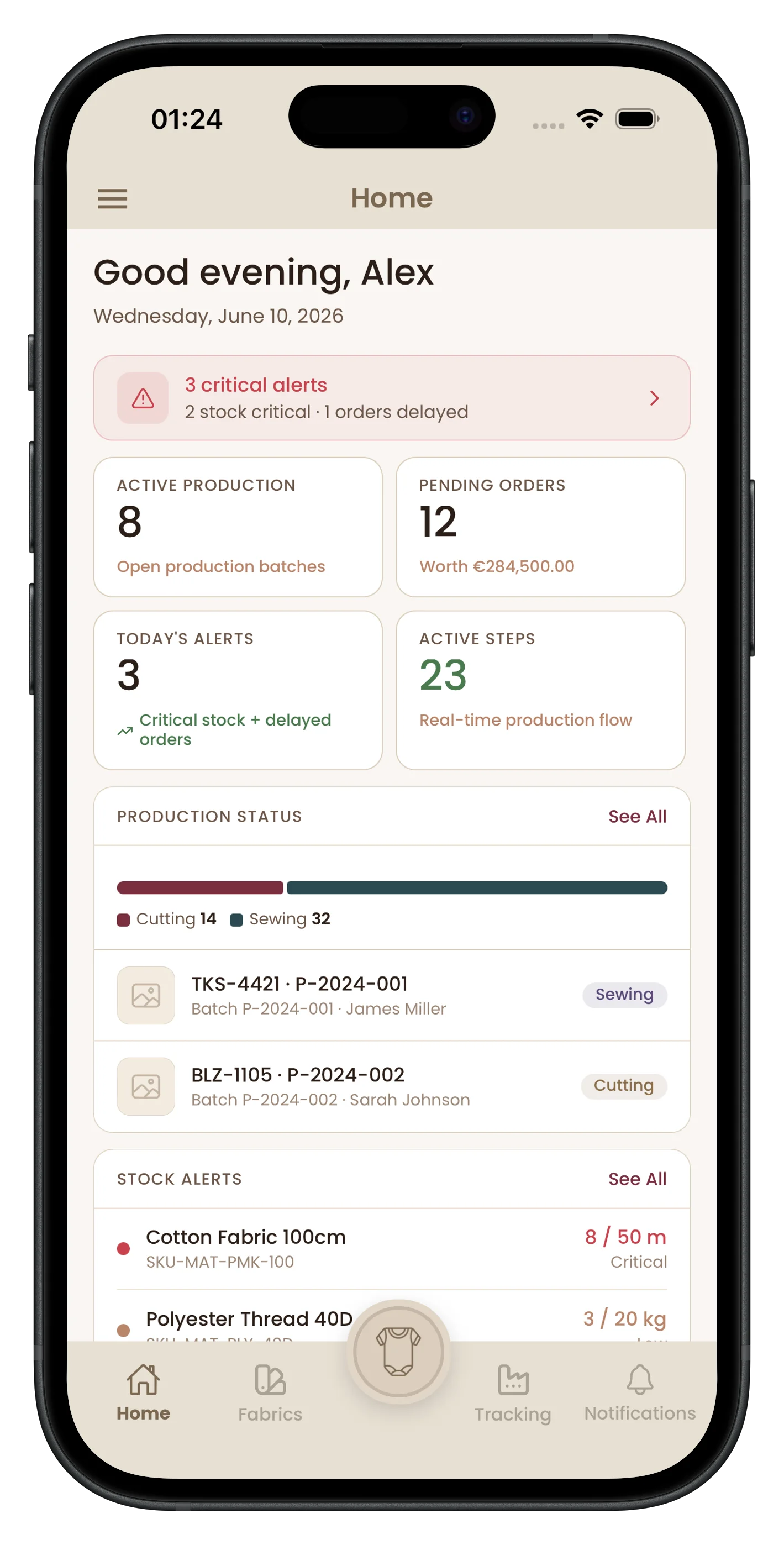Textile360 production tracking screen