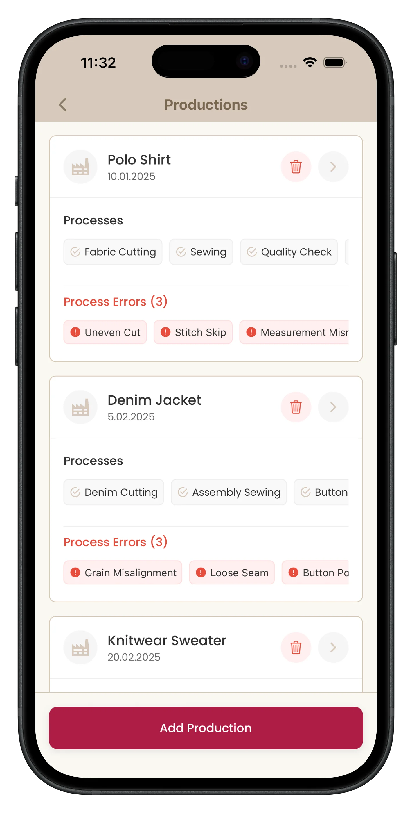 Production tracking screen
