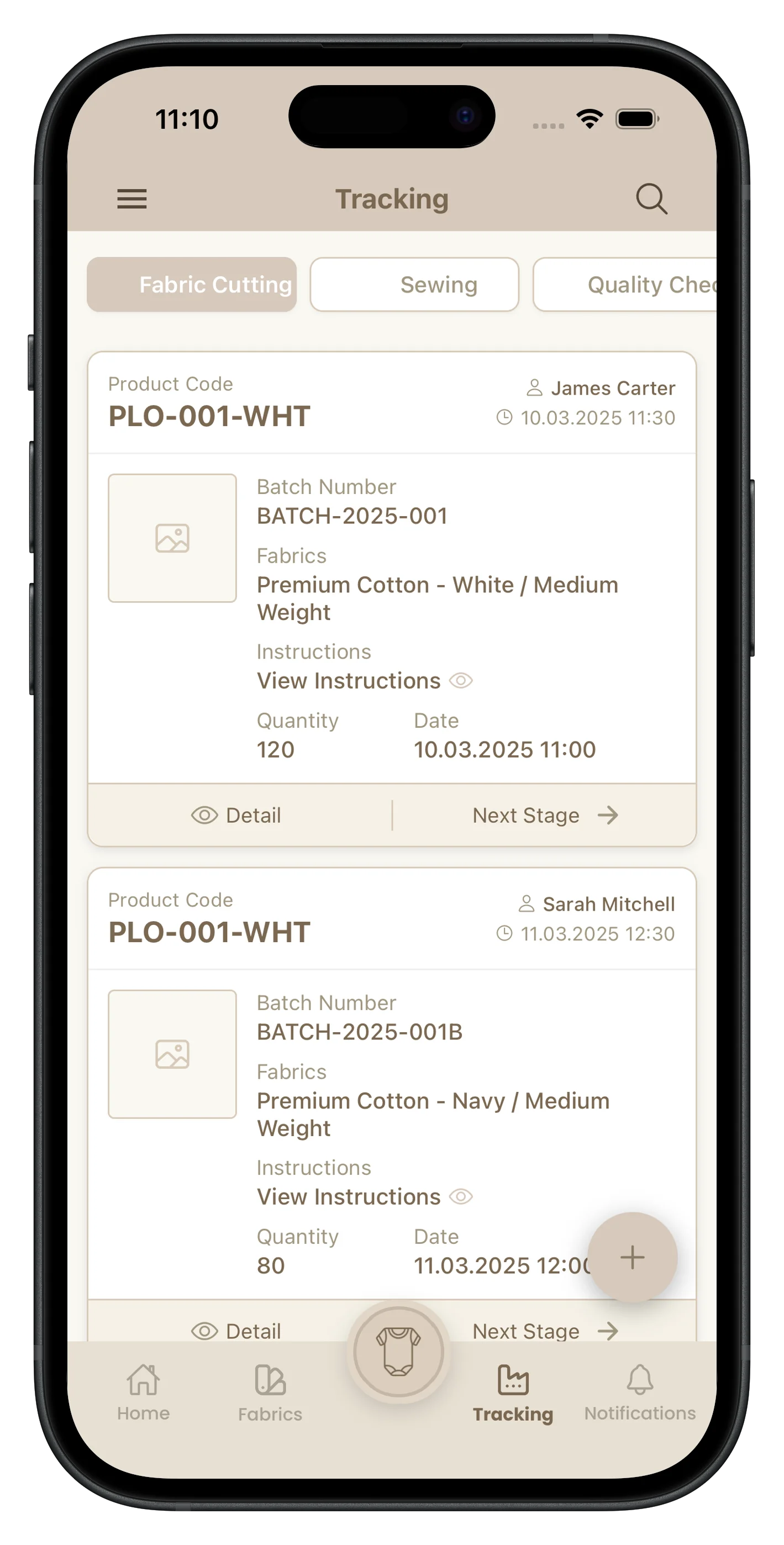 Textile360 production tracking screen